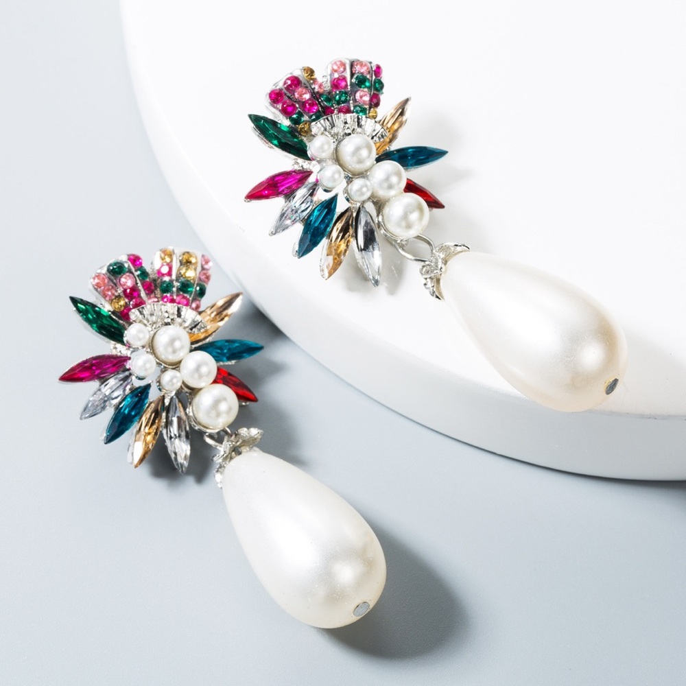 Rhinestone Long Large Pearl Stud Earrings